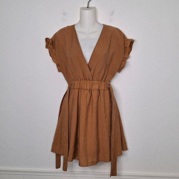Zara Tie Waist Mini Dress Sz M Elastic Waist Safari Minimalist Neutral Boho - Picture 1 of 16